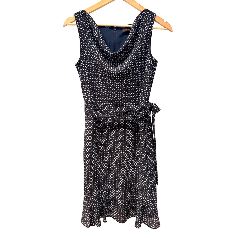 The Limited Womens Navy Blue White Geometric Cowl Neck Tie Waist Dress Size 0